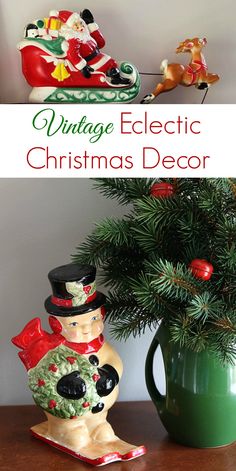 vintage electric christmas decor is displayed on a table next to a green vase with a small tree in it