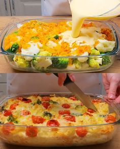 two pictures showing how to make a casserole dish with broccoli and tomatoes