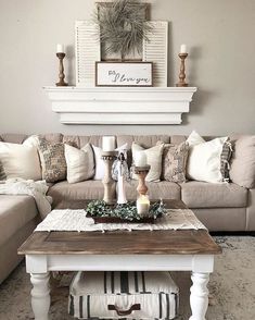 a living room filled with furniture and a coffee table in front of a fire place