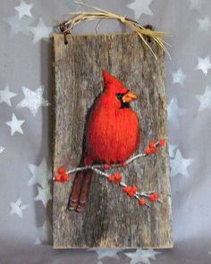 a red bird sitting on top of a piece of wood with stars in the background