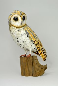 an owl statue sitting on top of a wooden stump in front of a white background