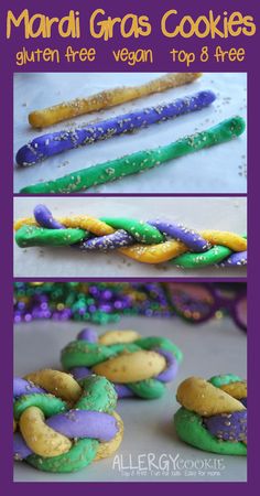 mardi gras cookies with green, yellow and purple icing on them are ready to be eaten