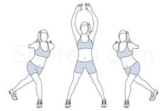 three women doing squat exercises with their arms in the air