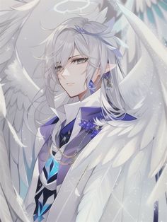 an angel with white hair and blue eyes is standing in front of the snow covered ground