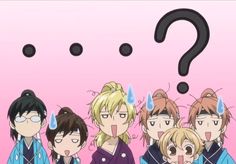 an anime group with question marks above their heads in front of a pink background that says, what do you think?