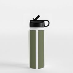 a green and white striped water bottle with a black lid