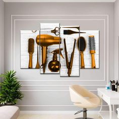 a room with a chair and some hair dryers on the wall