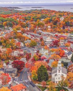 an aerial view of a small town surrounded by trees with fall foliage in the foreground