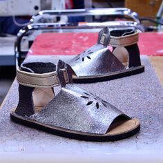 Custom Shoe of the Week: Child Sandals in Shiny Pewter, Slate and Shiny Platinum. Softstar Shoes, Velcro Sandals, Kids Sandals, Childrens Shoes, Custom Shoes, Design Your Own, Heeled Mules, Mule Shoe, Platinum