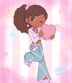 a cartoon girl holding a heart shaped pillow