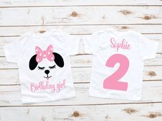 two birthday shirts with the number 2 and minnie mouse ears on them, both in purple