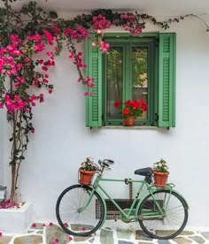 a bicycle parked in front of a window with flowers growing on the windowsills