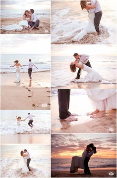 a couple kissing on the beach at sunset