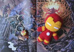 a crocheted iron man keychain sitting on top of an open book