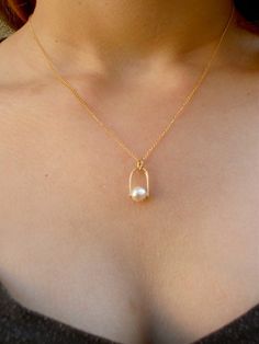 Shiny Gold Lucky Horseshoe Charm Necklace,  bright Akoya pearl 14K gold filled 16"- 20" necklace - Everyday Yellow Gold Charm Necklace With Pearl Pendant, Gold Teardrop Pearl Charm Necklaces, Gold Teardrop Charm Necklace With Pearl, Everyday Gold Teardrop Pearl Necklace, Lucky Horseshoe, Dainty Gold Necklace, Akoya Pearls, Pretty Gift, Delicate Necklace