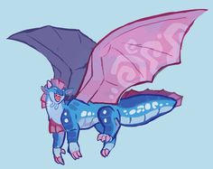 a blue and pink dragon flying through the sky