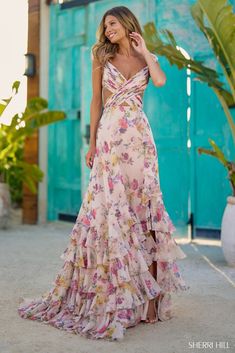 Sherri Hill 56084 Floral chiffon gown with side cut bodice and ruffle skirt slit. Halter Ruffle Dress, Formal Garden Party Dress, Formal Boho Dress, Sherri Hill Dresses Long, Breakfast Dress, Wedding Dresscode, Prom Prep, Colombia Wedding, Stunning Wedding Guest Dresses