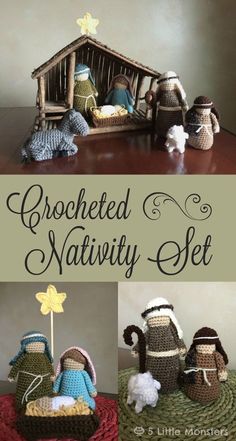 crocheted nativity set is displayed on a table with other items in it