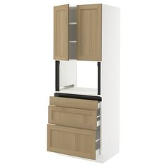 a white and brown kitchen cabinet with drawers