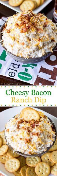 cheesy bacon ranch dip with crackers on the side and cheese in the middle