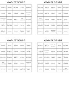 four women of the bible game cards with names and numbers for each card on them