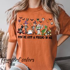 Retro Disney Toy Story Halloween Shirt, You Are Got A Friend In Me Shirt Disney Fan Merchandise T-shirt For Fall, Disney Letter Print T-shirt For Fall, Disney Letter Print Top For Fall, Disney T-shirt With Cartoon Print For Fall, Disney Character Print T-shirt For Fall, Fall Crew Neck T-shirt For Disney Fan Events, Casual T-shirt For Disney Fan Events In Fall, Toy Story Halloween, Halloween Travel