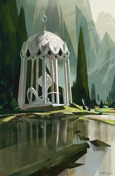 an artistic painting of a gazebo by the water