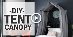 a canopy bed with the words diy tent canopy over it in black and white