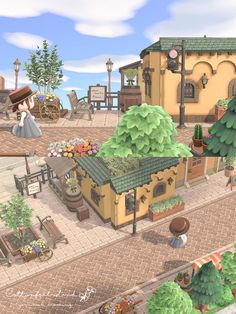 an animated image of a small town with lots of trees and flowers on the street