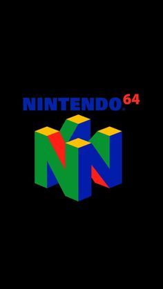 the logo for nintendo 64 is shown on a black background with red, green, blue and yellow blocks