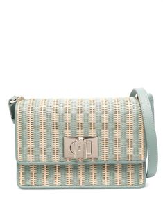 light green/light beige woven raffia design leather trim adjustable shoulder strap foldover top twist-lock fastening main compartment internal slip pocket internal logo patch canvas lining Furla 1927, Small Shoulder Bags, Woven Raffia, Raffia Bag, Orange Bag, Green Light, Blue Bags, Pink Bag, Light Beige