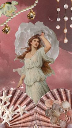 a painting of a woman in white dress holding an umbrella over her head and seashells hanging from the ceiling