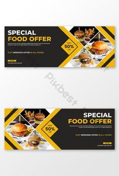 two yellow and black banners with food items for sale on the front, side and back