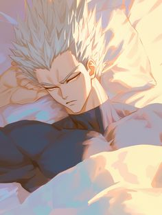 an anime character laying in bed with his eyes closed and hair blowing back to the side