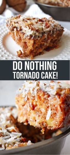 there is a cake that has been cut in half and placed on a plate with the words do nothing tornado cake