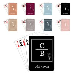 playing cards with the letters c and b on each side, all in different colors