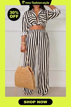 Casual Striped Print Turndown Collar Long Sleeve Buttons Crop Blouse And Wide Leg Pants Vacation Two Pieces Trouser Sets Two Piece Pants Set, Casual Stripes, Turndown Collar, Crop Blouse, Casual Sets, Wholesale Fashion, Stripe Print, Two Pieces, Leg Pants