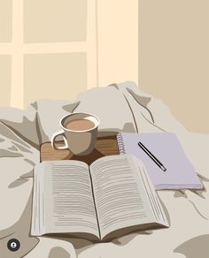 an open book and cup of coffee on a bed