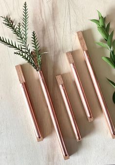 four copper pens sitting on top of a wooden board next to green plants and leaves