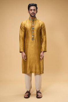 Gold kurta with placed floral applique embellishments. Comes with pant. - Aza Fashions Applique Kurta, Mithila Palkar, Adah Sharma, Eid Party, Diana Penty, Sara Ali Khan, Kareena Kapoor Khan, Madhuri Dixit, Luxury Sale