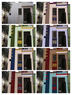 multiple images of different doors and windows with ladders on each side, in various colors