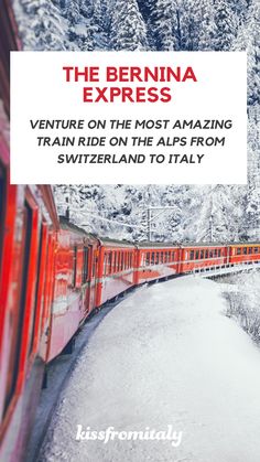 a red train riding through the winter landscapes of northern italy Southern Switzerland, Swiss Train, Winter Train, Incredible Landscapes, Italy Winter, Magical Adventure, Italy Tours, St Moritz