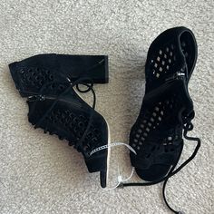 Brand New Black Suede Sandals With Pointed Toe, Black Heels With Reinforced Heel For Spring, Black Suede Block Heel Shoes, Lace-up Heels With Stacked Heel For Night Out, Black Medium Width Heels For Spring, Black Suede Sandals For Night Out, Black Lace-up Sandals For Formal Occasions, Black Formal Lace-up Sandals, Formal Black Lace-up Sandals