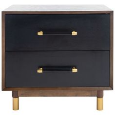 a black and gold nightstand with two drawers on one side, the other has brass handles