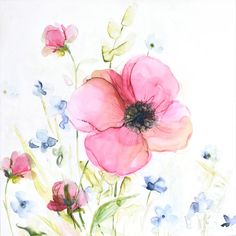 a painting of pink and blue flowers on a white background