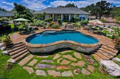 a backyard with a swimming pool and landscaping