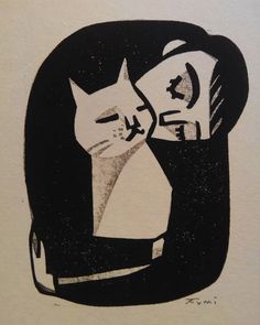 a black and white drawing of a cat with its head on a pillow, looking at another cat