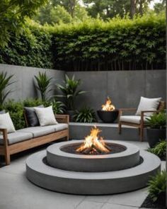 an outdoor fire pit surrounded by plants and furniture