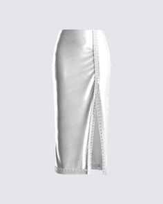 Bless them with your presence in this white satin lace skirt ✨ With a divine vibe, and classy look, this skirt is crafted from satin fabric, and boasts a lace trim, a high slit, and a discreet side zipper 🤍 Beauty Shop Decor, Dress Reference, White Corset Dress, Coquette Clothing, Yellow Mini Dress, Rhinestone Top, Black Off Shoulder, Sequin Mini Skirts, Sequin Mini