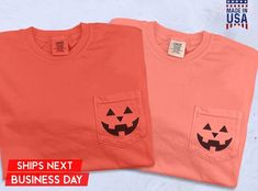 Embroidered Jack-O-Lantern Face Shirt, Halloween Pumpkin Fall Pocket T Shirt, Spooky Season Unisex Tees, Halloween Gifts, free Shipping USA Explore our commitment to unparalleled quality and personalized style. Take advantage of our exciting offer - enjoy a 70% discount on our entire collection! Act quickly, as this limited-time opportunity won't last. Share the joy with loved ones and cherish lasting memories with our meticulously crafted items. PRODUCT SPECIFICATIONS: 6.1-ounce, 100% US ring spun cotton Soft-washed, garment-dyed fabric Top-stitched, classic width rib collar Twill-taped neck and shoulders Twill label Left chest pocket Double-needle armhole, sleeve and bottom hems AVAILABLE SIZES: S, M, L, XL, 2XL, 3XL CLOTHING CARE: Follow garment label instructions for washing. Avoid hig Halloween Tops, Jack O Lantern Faces, Jack O'lantern, Halloween Top, Matching Halloween, Pumpkin Face, Pumpkin Shirt, Garment Labels, Pumpkin Faces